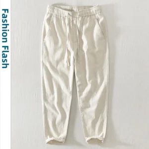 Men's Linen Cotton Casual Pants Elastic Waist Vintage Korean Style
