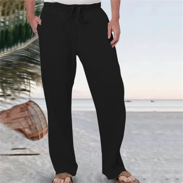 Mens Cotton Linen Straight Pants Breathable Elastic Waist Pockets - Image 2