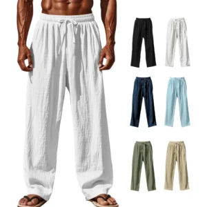 Men's Cotton Linen Casual Pants Loose Fit Drawstring Waist Trousers