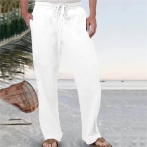Mens Cotton Linen Straight Pants Breathable Elastic Waist Pockets