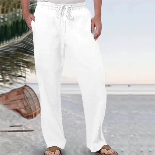 Mens Cotton Linen Straight Pants Breathable Elastic Waist Pockets