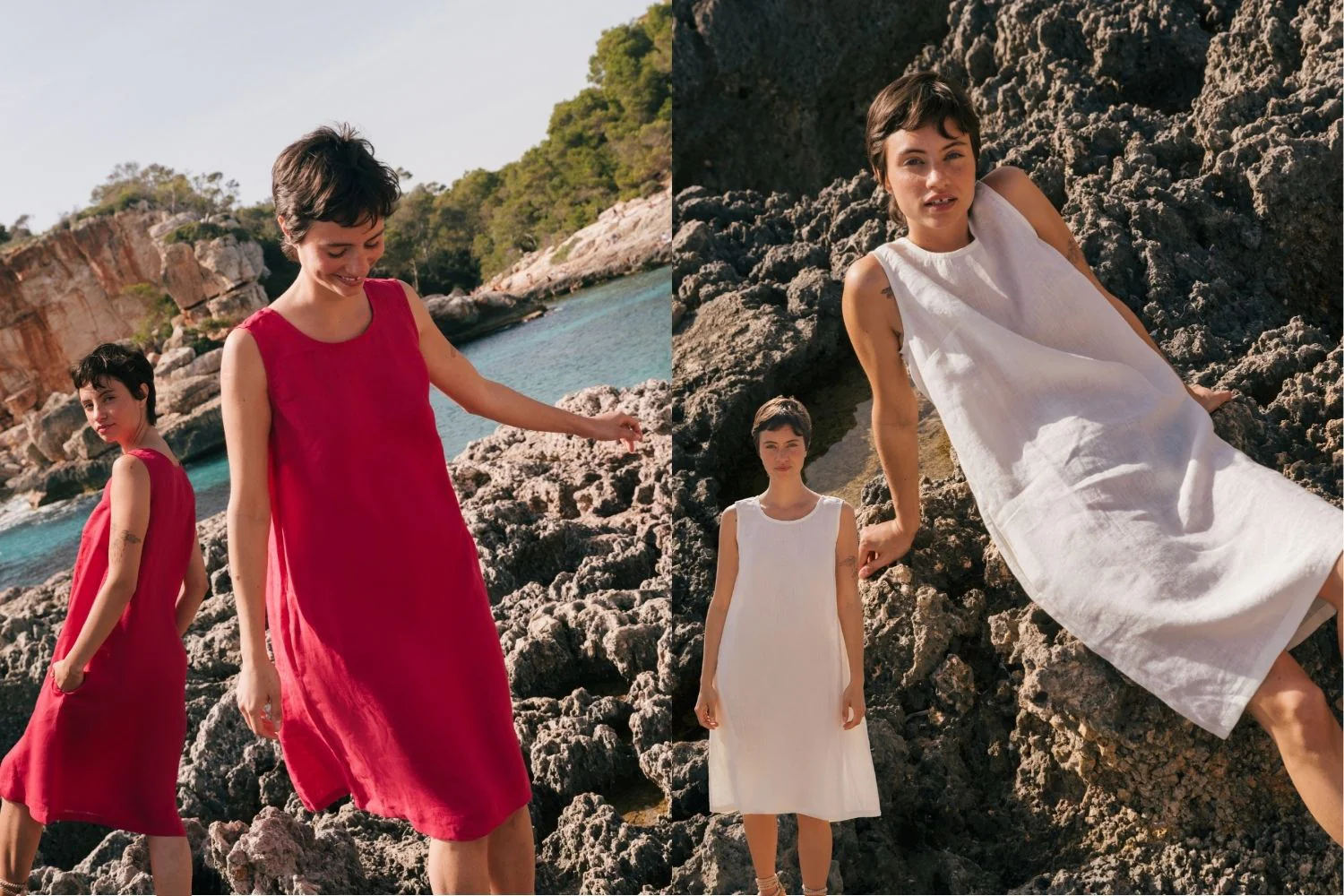 woman wearing linen summer dresses for vacation on beach in breathable lightweight outfit